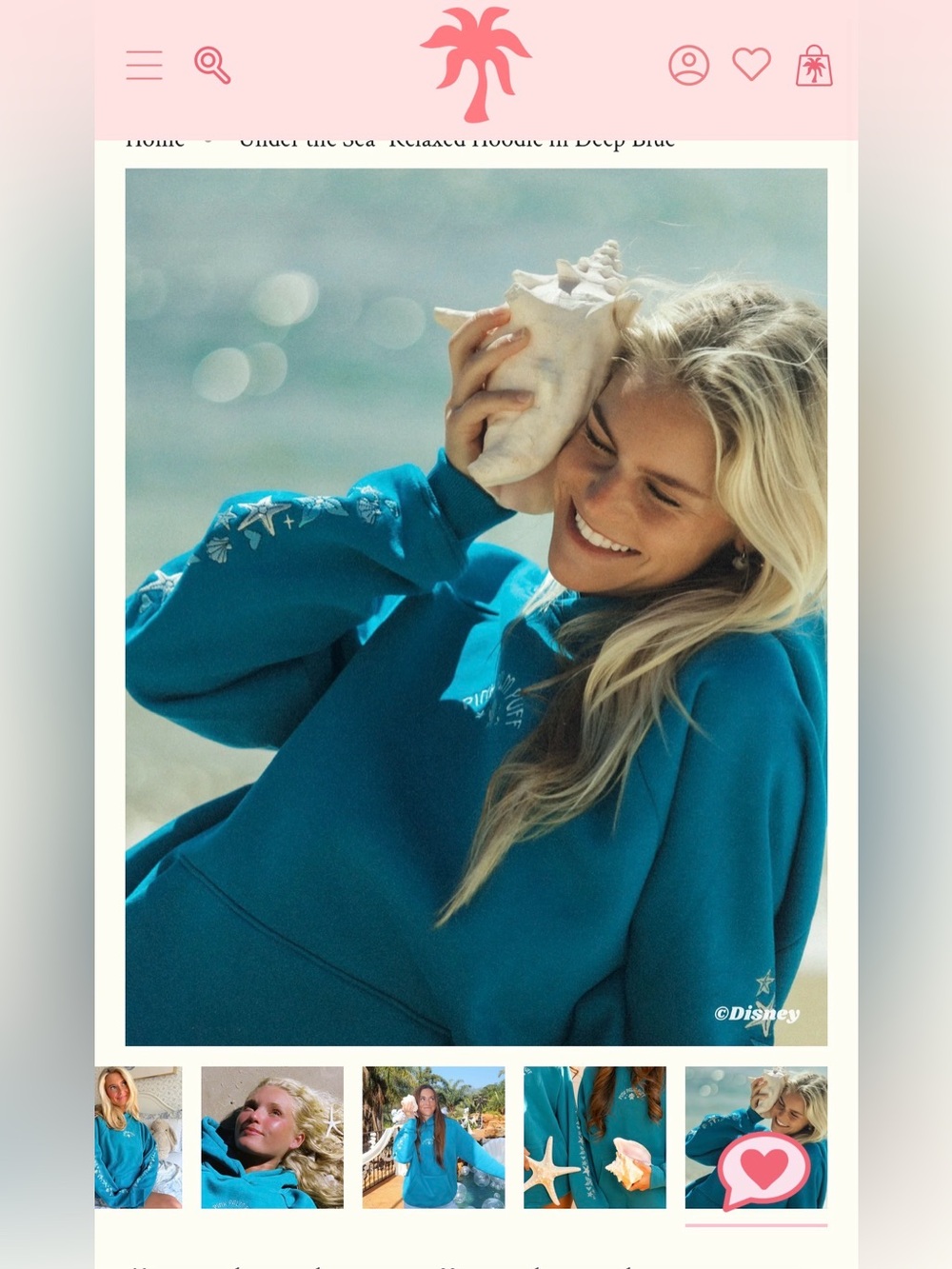 PINK PALM PUFF X Disney Under the Sea” Relaxed Hoodie in Deep Blue NWT